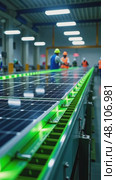 A clean energy factory, solar panels being assembled on a conveyor belt, with green lighting accents symbolizing sustainability. Стоковое AI-видео, аниматор Sergey Grishin / Фотобанк Лори