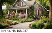 stone house curb appeal ai generated. Стоковое AI-изображение, AI-художник Vectorwin / Фотобанк Лори