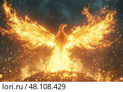 Majestic phoenix rising from ashes in fiery rebirth. Стоковое AI-изображение, AI-художник Юрий Поздников / Фотобанк Лори