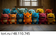 Brightly colored plush monsters stand together in a cheerful display, showcasing their unique designs and expressions in a cozy, inviting space. Стоковое AI-изображение, AI-художник Данила Большаков / Фотобанк Лори