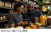 A couple happily examines spices while shopping at a bustling market, surrounded by jars filled with vibrant colors and enticing aromas. Стоковое AI-изображение, AI-художник Данила Большаков / Фотобанк Лори