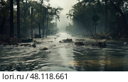 submerged flooded road. Стоковое AI-изображение, AI-художник Vectorwin / Фотобанк Лори