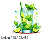 Refreshing mojito cocktail with lime, mint leaves, and ice in a glass. Стоковое AI-изображение, AI-художник Башкирова Анна / Фотобанк Лори