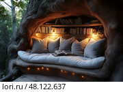 Cozy reading nook in a tree with warm lighting and inviting cushions. Уютный уголок для чтения на дереве с теплым освещением и привлекательными подушками. Стоковое AI-изображение, AI-художник Katsiaryna Repich / Фотобанк Лори