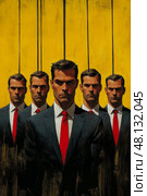 Several men dressed in suits and red ties stand in unison against a bold yellow background, representing themes of identity and conformity. Стоковое AI-изображение, AI-художник Данила Большаков / Фотобанк Лори