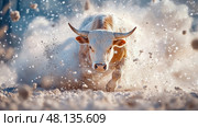 Majestic Bull Rampage: A Symbol of Raw Power and Untamed Energy. Стоковое AI-изображение, AI-художник Данила Большаков / Фотобанк Лори