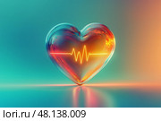 Heart shaped glass with a glowing heartbeat line reflects health and vitality. Стекло в форме сердца со светящейся линией сердцебиения отражает здоровье и жизненную силу. Стоковое AI-изображение, AI-художник Katsiaryna Repich / Фотобанк Лори