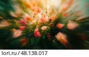 Vibrant bloom of colorful flowers in a garden during springtime. Пышный сад, наполненный множеством красочных цветов, мягко покачивается на весеннем ветерке. Яркие оттенки создают пленительную и жизнерадостную атмосферу среди красоты природы. Стоковое AI-изображение, AI-художник Katsiaryna Repich / Фотобанк Лори