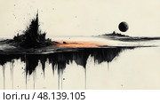 Dark peaks rise against a pale background, with a distant moon illuminating the horizon, creating an otherworldly atmosphere in this artistic depiction. Стоковое AI-изображение, AI-художник Данила Большаков / Фотобанк Лори