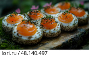 Soft-boiled eggs with bright yolks are beautifully arranged on a wooden board in a charming outdoor setting. Стоковое AI-изображение, AI-художник Данила Большаков / Фотобанк Лори