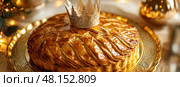 Galette des rois or king cake. Traditional cake baked at Epiphany, celebration of the Twelfth Night after Christmas. Almond flaky pastry cake. Freshly baked homemade three king bread with a crown. Стоковое AI-изображение, AI-художник Марина Демидюк / Фотобанк Лори