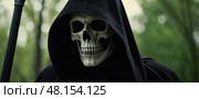 A cloaked figure with a skull mask stands silently among dense trees, evoking a sense of mystery and foreboding as twilight descends. Shadows deepen, creating an unsettling atmosphere Generative AI. Стоковое AI-изображение, AI-художник Юлия Петровская / Фотобанк Лори