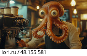 An octopus wearing an apron skillfully operates a coffee machine, delighting patrons in a bustling cafe filled with inviting aromas and colors. Стоковое AI-изображение, AI-художник Данила Большаков / Фотобанк Лори
