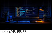 The workspace is illuminated by a desk lamp, showcasing a computer screen filled with programming code, surrounded by plants in a dark room at night. Стоковое AI-изображение, AI-художник Данила Большаков / Фотобанк Лори