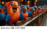 A group of cheerful cartoon parrots with bright colors sits on a railing, enjoying a sunny day interrupted by gentle rain in a lush forest. Стоковое AI-изображение, AI-художник Данила Большаков / Фотобанк Лори