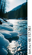 Chilled remnants of winter float gracefully along a sparkling river under clear skies as spring melts away the season's icy grasp, inviting tranquility Generative AI. Стоковое AI-изображение, AI-художник Юлия Петровская / Фотобанк Лори