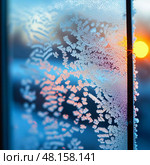 Delicate ice crystals form beautiful frost patterns on the windowpane, reflecting the warm hues of the sunrise Generative AI. Стоковое AI-изображение, AI-художник Юлия Петровская / Фотобанк Лори
