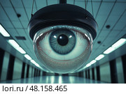 High-tech dome security camera with eye design suspended in a corridor. Высокотехнологичная купольная камера безопасности с дизайном "глаз", подвешенная в коридоре. Стоковое AI-изображение, AI-художник Katsiaryna Repich / Фотобанк Лори