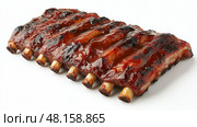 A single rack of succulent barbecued ribs with a glazed, sticky sauce on a white background.  Сочные ребрышки барбекю с глазурью и липким соусом на белом фоне. Стоковое AI-изображение, AI-художник Katsiaryna Repich / Фотобанк Лори