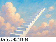 White stairway sweeping gracefully above cotton candy clouds into sunshine representing personal growth creativity limitless opportunities imaginative. 3d rendering. Стоковое AI-изображение, AI-художник Павел Муравьев / Фотобанк Лори