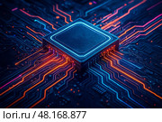 Closeup futuristic computer chip on illuminated circuit board with neon blue and orange traces highlighting high performance electronics technology innovation concept background. Стоковое AI-изображение, AI-художник Павел Муравьев / Фотобанк Лори