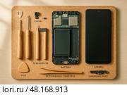 Smartphone repair toolkit with bamboo tools, battery screen components neatly arranged on cork board promoting sustainable do it yourself technology skills, reuse. Стоковое AI-изображение, AI-художник Павел Муравьев / Фотобанк Лори