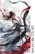 A graceful warrior woman strikes a dynamic pose surrounded by swirling petals and a mystical atmosphere. Стоковое AI-изображение, AI-художник Данила Большаков / Фотобанк Лори