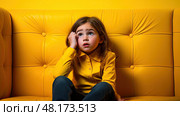 phe girl on phone yellow background ai generated. Стоковое AI-изображение, AI-художник Vectorwin / Фотобанк Лори