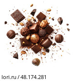 Luxury chocolate pralines and truffles explosion with golden decoration and cocoa splashes on white background, gourmet handmade candies assortment in dynamic composition for confectionery. Стоковое AI-изображение, AI-художник Сергей Тимофеев / Фотобанк Лори