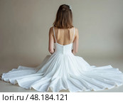 Girl in a chic long dress sitting on the floor. White wedding dress on the bride's body. Beautiful light dress with a long hem, a portrait of a fragile delicate girl before the wed. Стоковое AI-изображение, AI-художник Sergey Grishin / Фотобанк Лори