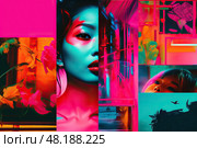 Stylish Asian woman with neon makeup, eccentric bright and bold pink patterns and art. The mood board expresses a sense of impulsiveness, expression and unrestrained bold unlimited creativity. Стоковое AI-изображение, AI-художник Данила Большаков / Фотобанк Лори