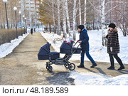 Женщины с детской коляской для двойни гуляют в парке. Город Тюмень (2018 год). Редакционное фото, фотограф Александр Тараканов / Фотобанк Лори