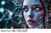 A woman's face is shown in a blue and white color scheme with a lot of dots. Стоковое AI-видео, аниматор Виктория Кольцова / Фотобанк Лори