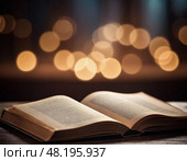 Soft, warm lights create a dreamy ambiance as an open book lies on a weathered wooden table, inviting readers to explore stories from its pages, deepening the sense of wonder Generative AI. Стоковое AI-изображение, AI-художник Юлия Петровская / Фотобанк Лори