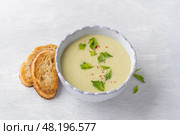 Cream soup of stalked celery with cream, garnished with celery leaves, pink pepper and served with crispy toast on a light gray background. Стоковое фото, фотограф Ольга Лепёшкина / Фотобанк Лори
