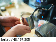 Barista frothing milk for cappuccino. Стоковое фото, фотограф Сергей Богомяко / Фотобанк Лори