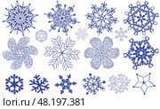 Vector big collection christmas handwork dark blue monochrome snowflakes isolated on a transparent background. Стоковая иллюстрация, иллюстратор Ольга Дроздова / Фотобанк Лори
