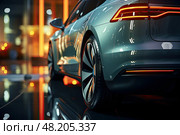 Showroom display of rear light of contemporary vehicle. illuminated taillight of automobile on exhibit, presenting its sleek and innovative characteristics. Стоковое AI-изображение, AI-художник Данила Большаков / Фотобанк Лори