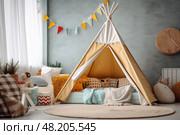Childs room with teepee tent set up in corner with wooden clock on grey wall. Стоковое AI-изображение, AI-художник Данила Большаков / Фотобанк Лори