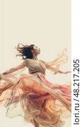 A dancer spins gracefully in a flowing dress, showcasing movement and elegance against a soft, neutral background. Стоковое AI-изображение, AI-художник Данила Большаков / Фотобанк Лори