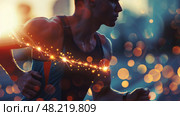A dedicated runner sprints through an urban park as the sun sets, illuminated by a shimmering bokeh backdrop. Стоковое AI-изображение, AI-художник Данила Большаков / Фотобанк Лори