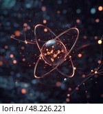 Atom with rotating electrons, energy and matter concept background. Стоковое AI-изображение, AI-художник Михаил Коханчиков / Фотобанк Лори