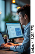 Online and modern technologies for simplifying the human resources system.Human resource manager checks the CV online to choose the perfect employee for his business. HR(human reso. Стоковое AI-изображение, AI-художник Sergey Grishin / Фотобанк Лори