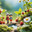 Microworld with two kids stand beside a tiny pond surrounded by enormous plants berries and flowers embarking on a discovery trek. Fantastical landscape filled with travel excitement and wonder.. Стоковое AI-изображение, AI-художник Андрей Ка / Фотобанк Лори