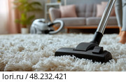 House Cleaning Activity With Vacuum Cleaner on Carpeted Floor in Cozy Living Room. Стоковое AI-изображение, AI-художник Юлия Гапеенко / Фотобанк Лори