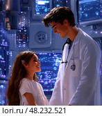 In a high-tech medical environment, a compassionate doctor smiles at a young girl, creating an uplifting connection filled with warmth and hope. Стоковое AI-изображение, AI-художник Данила Большаков / Фотобанк Лори