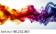 Vibrant wisps of colored smoke intertwine gracefully, showcasing a blend of orange, red, purple, and blue against a light backdrop. Стоковое AI-изображение, AI-художник Данила Большаков / Фотобанк Лори