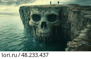 Adventurers stand on the edge of a towering skull-shaped cliff surrounded by a turbulent sea, captivated by the eerie landscape at dusk. Стоковое AI-изображение, AI-художник Данила Большаков / Фотобанк Лори