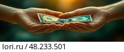 Two hands are engaged in an exchange of a one dollar bill against a soft backdrop of a warm sunset, reflecting financial transactions. Стоковое AI-изображение, AI-художник Данила Большаков / Фотобанк Лори