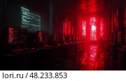 A dimly lit room features computer monitors showing lines of code bathed in red light, creating an enigmatic, high-tech atmosphere at night. Стоковое AI-изображение, AI-художник Данила Большаков / Фотобанк Лори